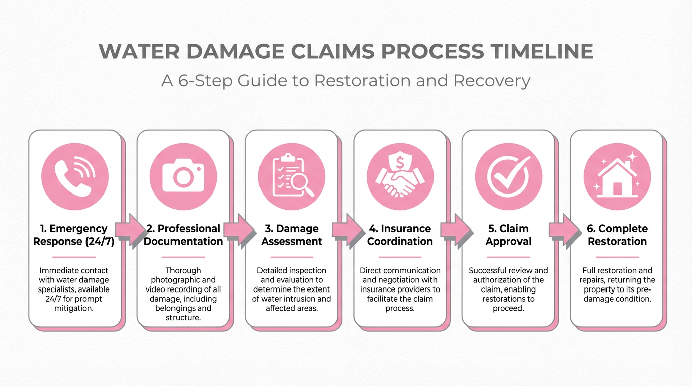 Claims process infographic showing 6 steps from emergency response to complete restoration
