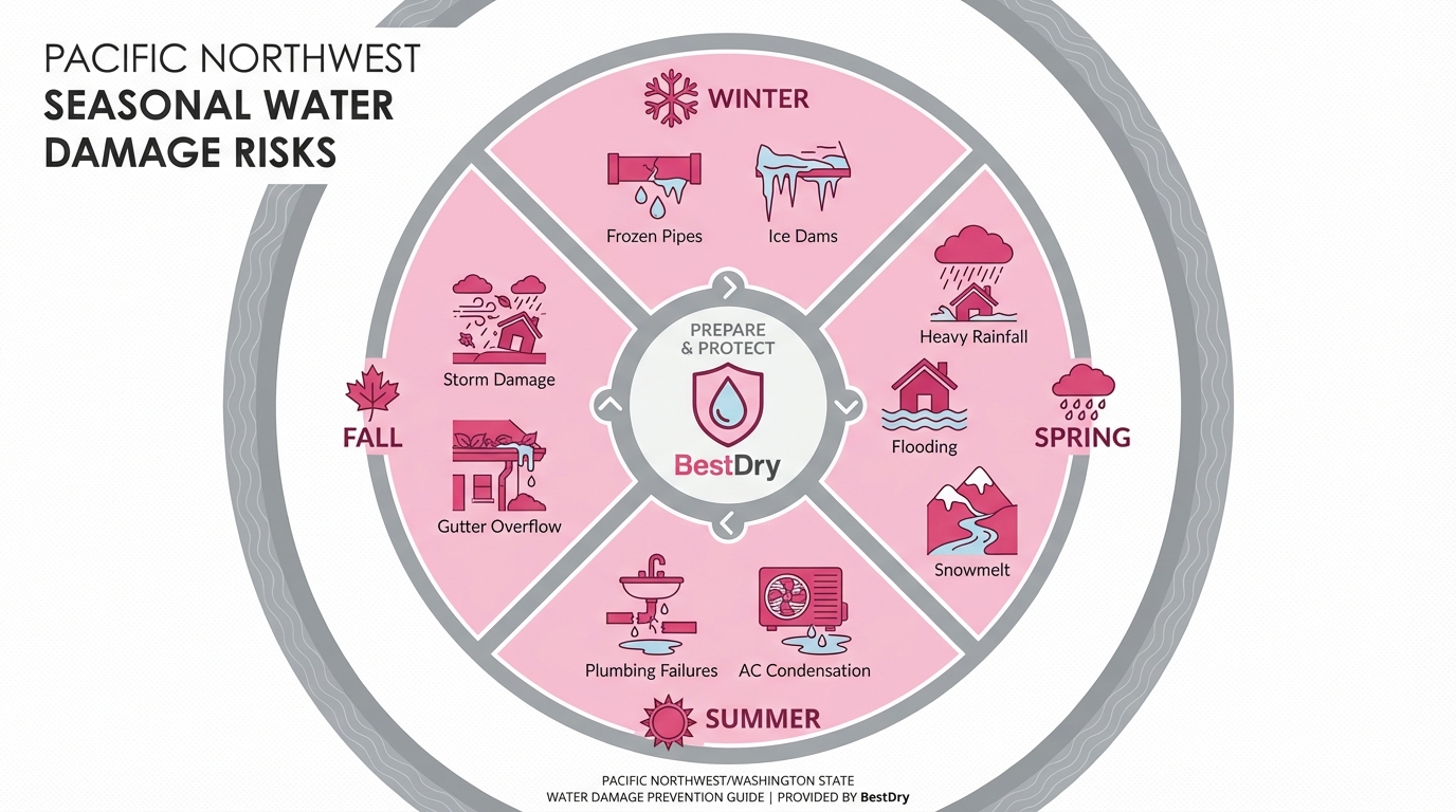 Seasonal water damage risks in Washington State and Duvall area - Winter frozen pipes, Spring flooding, Summer plumbing failures, Fall storm damage - BestDry seasonal guide