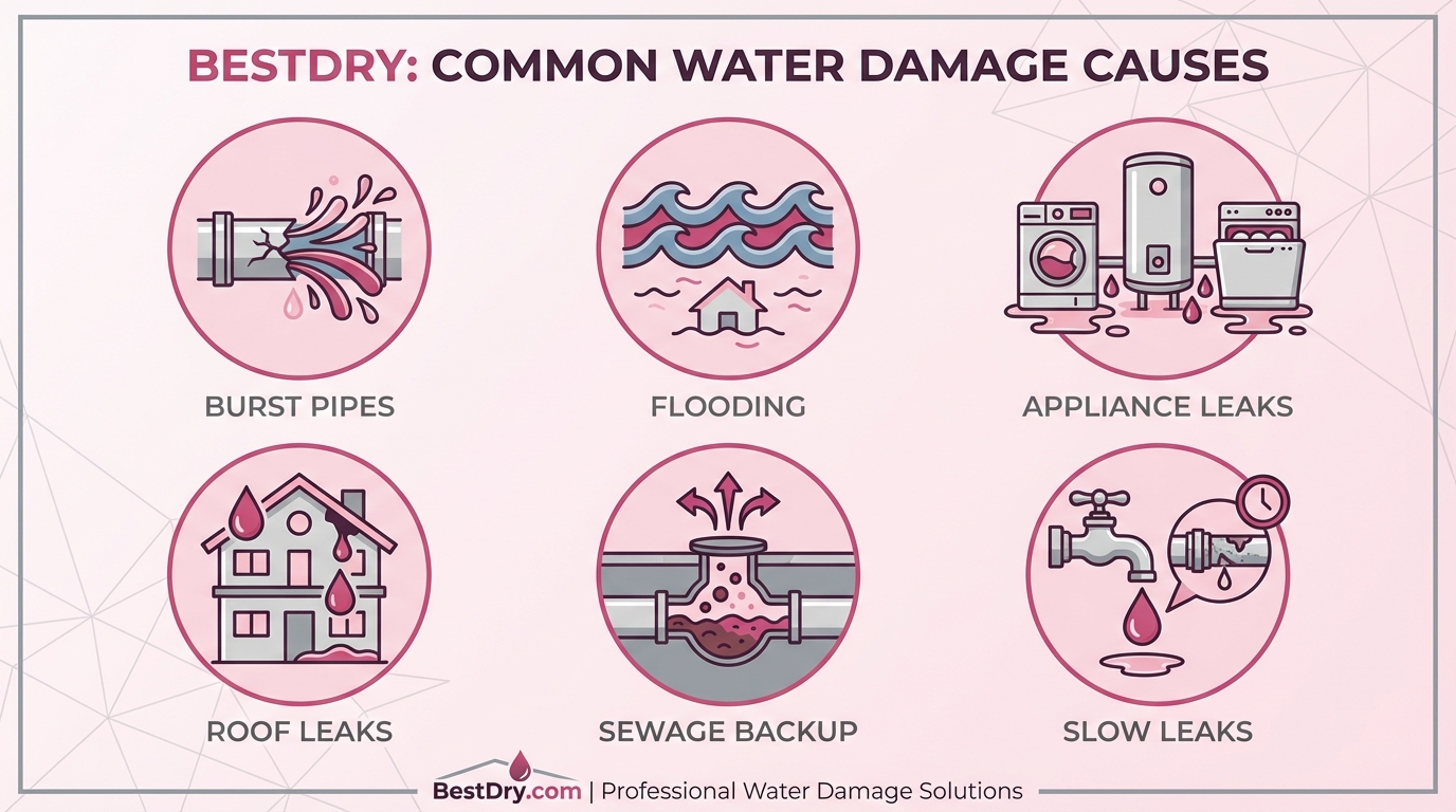 Common causes of water damage in Duvall homes including burst pipes, flooding, appliance leaks, roof leaks, and sewage backup - BestDry infographic