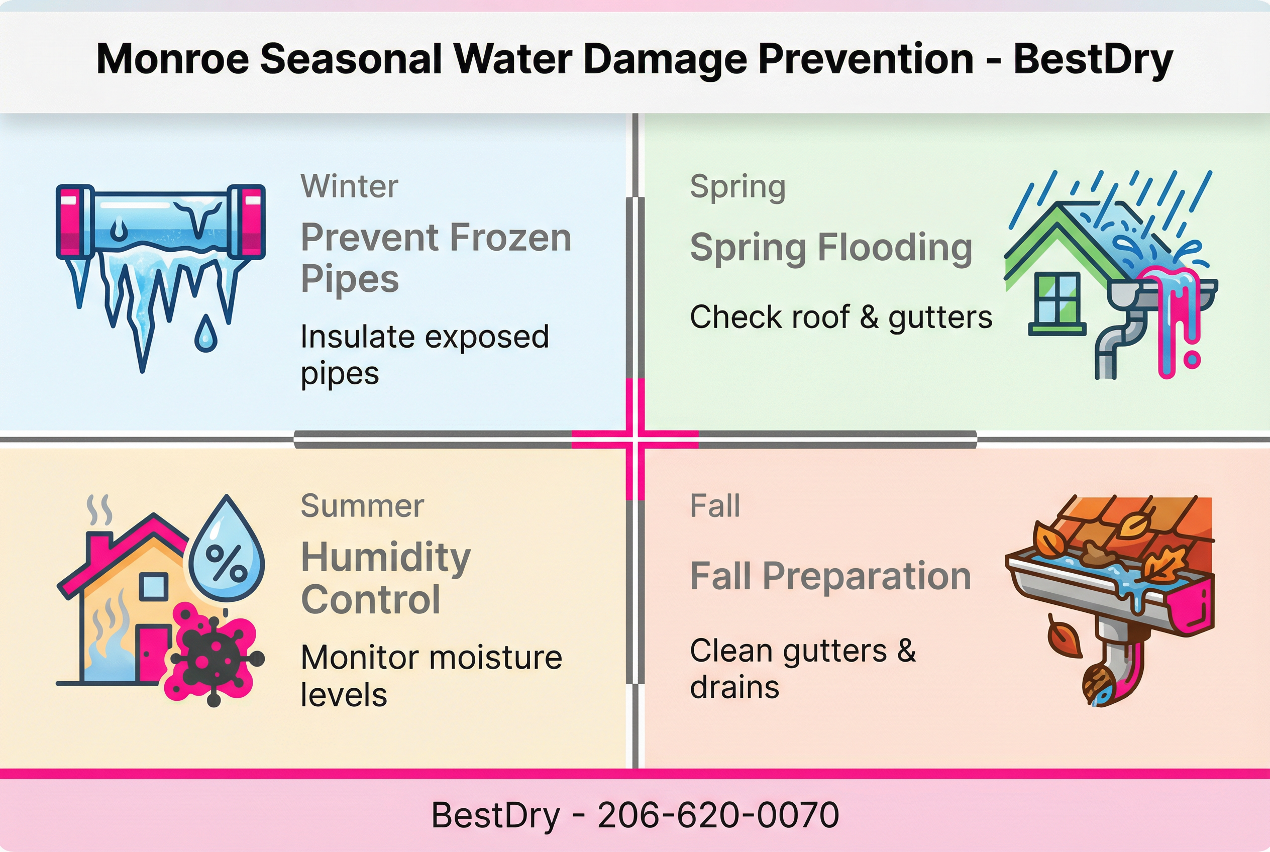 Monroe seasonal water damage prevention guide showing winter frozen pipes, spring flooding, summer humidity, and fall gutter maintenance