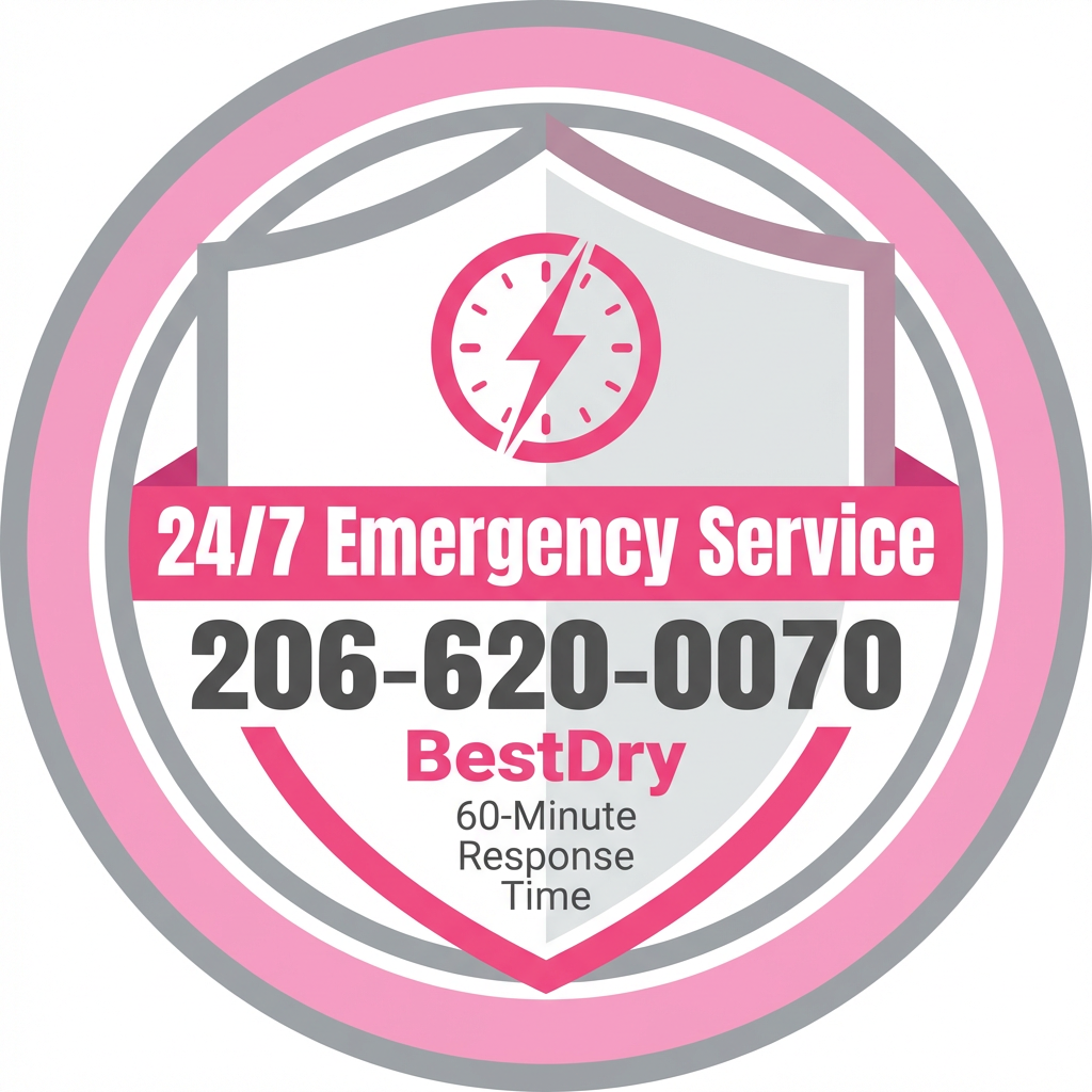 BestDry 24/7 emergency water damage restoration service - call 206-620-0070 for 60-minute response in Redmond WA