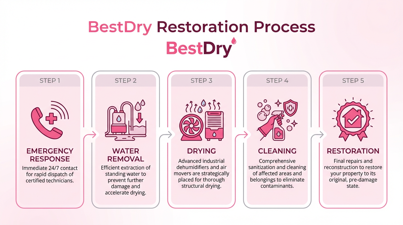 BestDry 5-step water damage restoration process: Emergency Response, Water Removal, Drying, Cleaning, and Restoration