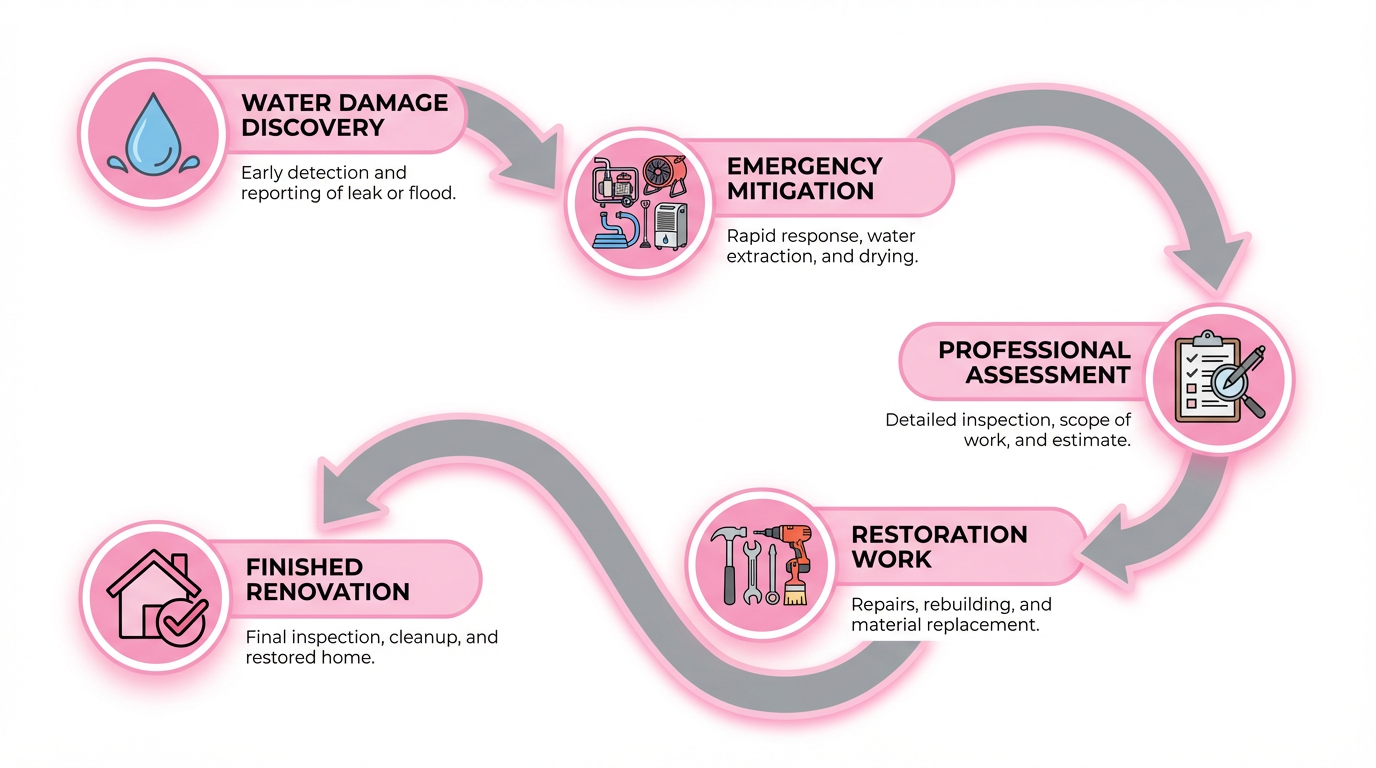 Home restoration service process infographic showing 5 stages from water damage to finished renovation