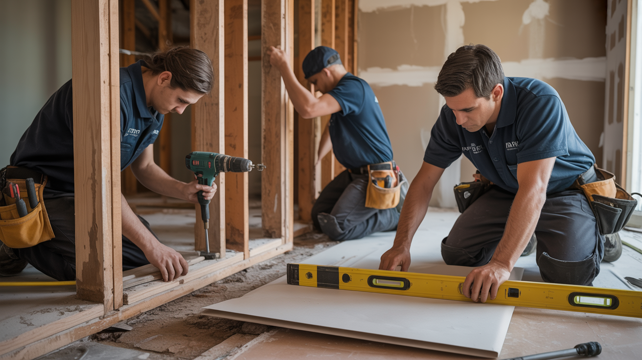 Professional restoration service crew performing structural repairs after water damage